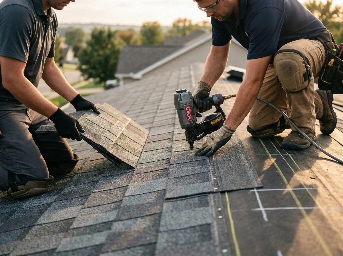 Professional roofer working on a residential roof in Sheridan